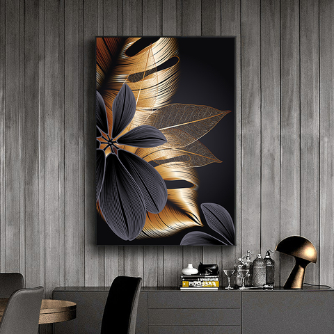 Póster de lienzo con hoja de planta dorada negra, Impresión de decoración moderna para el hogar, pintura de arte abstracto para pared, imagen de decoración de la habitación Nórdica ► Foto 1/6