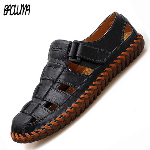 Sandalias de verano para hombre, zapatillas de cuero genuino para verano al aire libre hechas a mano, zapatillas para hombres, zapatillas de playa transpirables, zapatos informales ► Foto 1/6