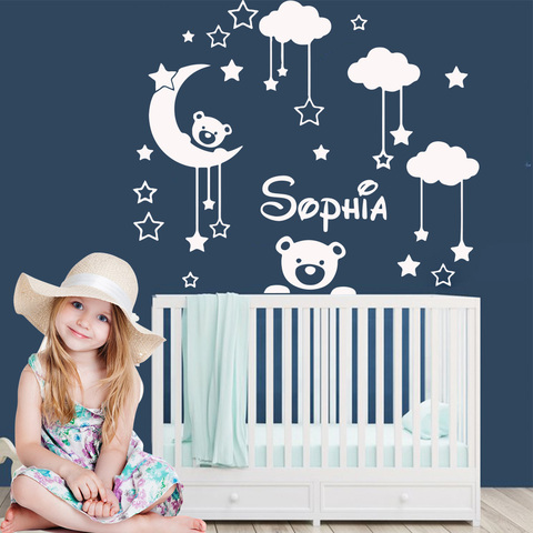 Papel tapiz de vinilo con nombre personalizado oso en la Luna, Adhesivo de pared para bebé, calcomanías de pared personalizadas para decoración para dormitorio infantil ► Foto 1/6