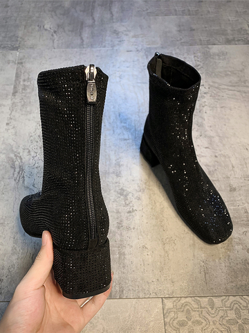 Botines de tacón medio con cremallera para mujer, botines con punta cuadrada y lentejuelas de diamante destellos, para otoño e invierno, 2022 ► Foto 1/5