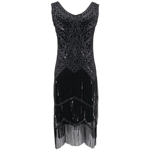 Vestido de fiesta de mujer Vestido de Mujer s 1920 s gran Gatsby aleta lentejuelas Fringe Vestido Midi Vestido de verano Art Deco Retro negro ► Foto 1/6