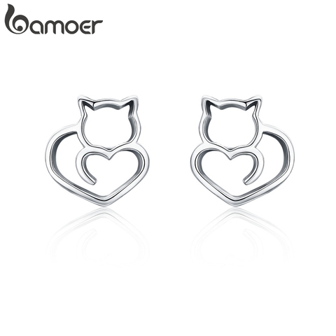 BAMOER, gran oferta, auténtica Plata de Ley 925, lindo gato, pequeños pendientes de tuerca para mujer, joyería de plata fina a la moda SCE271 ► Foto 1/6