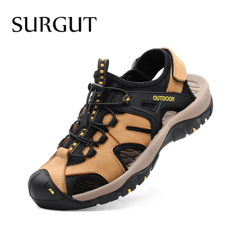 SURGUT-sandalias de verano para hombre, zapatos informales de cuero genuino, diseño transpirable, y aire libre para playa, zapatillas romanas de agua ► Foto 1/6