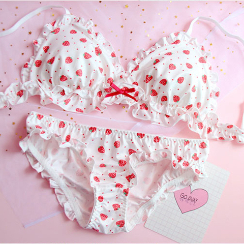 Conjunto de sujetador y bragas de seda de leche japonesa, ropa interior suave sin aros, conjunto íntimo, Kawaii, Lolita, con estampado de fresa ► Foto 1/6