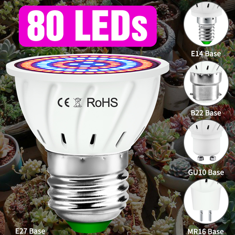 Bombilla LED de espectro completo para crecimiento de plantas, luz LED E27 de 80LED E14, GU5.3, 220V, GU10, lámpara Fito MR16, tienda de cultivo, invernadero B22 2835 ► Foto 1/6