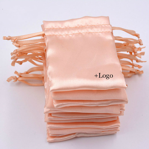 Bolsa De satén con cordón de alta calidad para joyería, bolsa de seda champán, collar, cuentas de almacenamiento, envoltura de regalo, Logo de impresión suave, 50 Uds. ► Foto 1/5