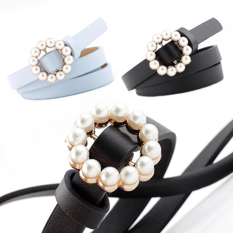 Cinturones con perlas o-ring con hebilla para mujer, cinturón de PU para vestido de mujer, nuevos accesorios de moda, cuero negro, marca de lujo ► Foto 1/6