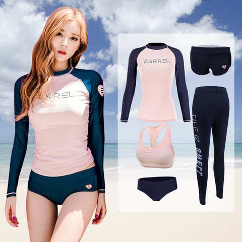 Estilo coreano traje de baño de las mujeres de manga larga prisa guardia traje protector solar de buceo pantalones de piel dividida traje de surf flotar bucear traje ► Foto 1/6