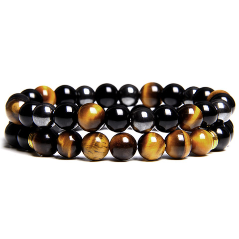 2 uds. De pulseras cuentas de piedra Natural para hombre y mujer, brazalete de ónix negro y Ojo de Tigre y piedra hematita, No magnético ► Foto 1/6