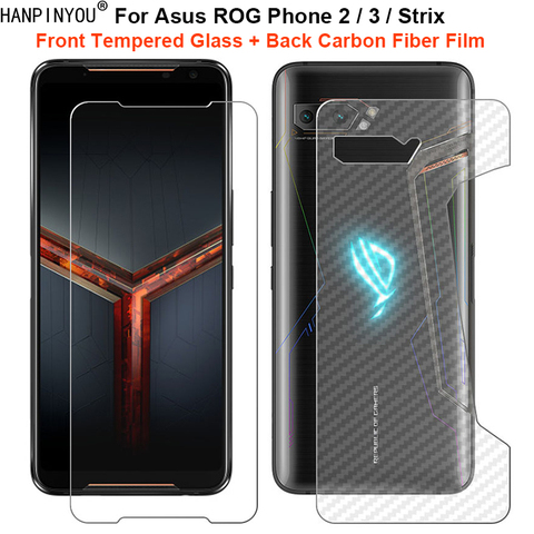 Para Asus ROG Phone II ZS660KL / 3 ZS661KS / Strix 1 Set = película de fibra de carbono trasera suave + Protector de pantalla frontal de vidrio templado ► Foto 1/6