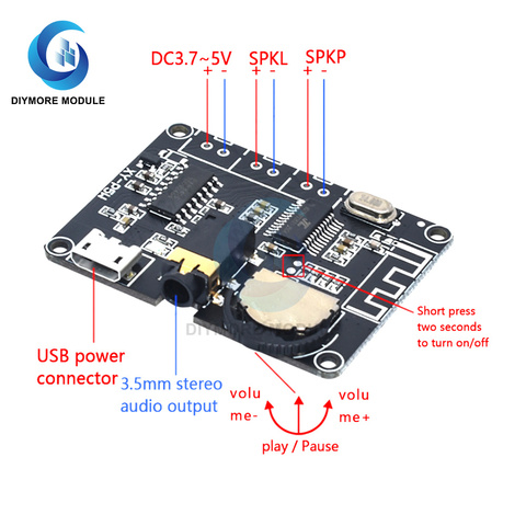 Placa amplificadora PAM8406 con Bluetooth 5,0, XY-P5W de Audio estéreo, 5W + 5W, 3,7 canales, con conector AUX de 2,0mm, para altavoces, DC 3,5-5V ► Foto 1/4