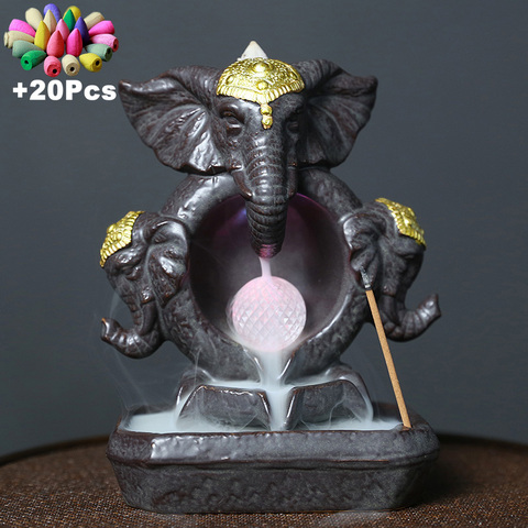 Nueva suerte Feng Shui dios elefante estatua artesanía decorativa para hogar de cascada quemador de incienso con Led bola que cambia de Color ► Foto 1/6