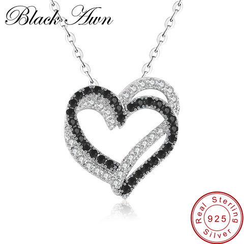 [Negro AWN] Bien, genuino 100% Collar de plata de ley 925 joyería de las mujeres de corazón blanco y negro colgantes de piedra P107 ► Foto 1/6