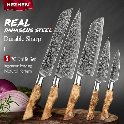 HEZHEN-Juego de cuchillos profesional de acero damasco, cuchillo de cocina afilado para carne, Santoku, 5 piezas ► Foto 1/6