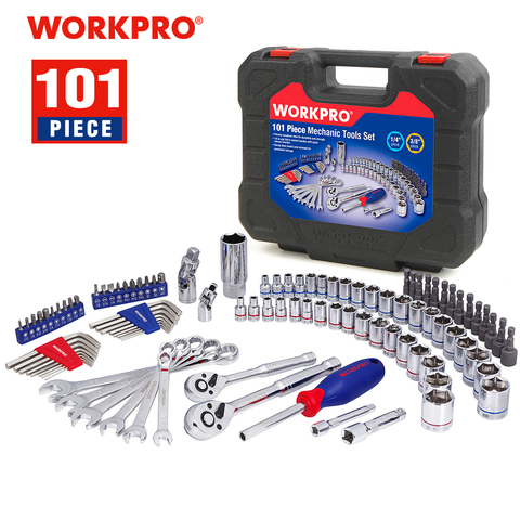 WORKPRO-Juego de herramientas para el hogar, utensilios de reparación de automóviles, enchufes, llave inglesa de trinquete, 101 uds. ► Foto 1/6