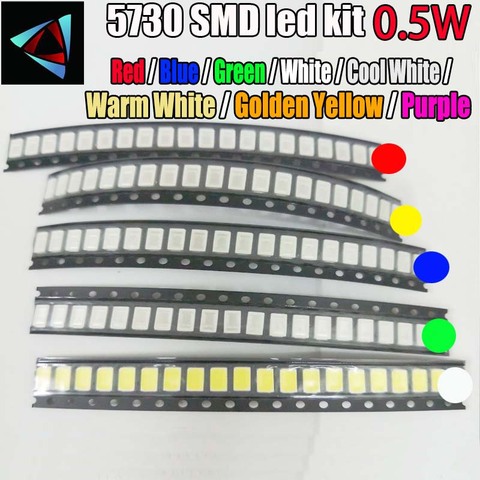 50 Uds. SMD 5730 5630 0,5 W Kit de diodo LED 10 valores rojo/Verde/azul/blanco/amarillo/blanco cálido/naranja/rosa/oro frío kit LED ► Foto 1/1