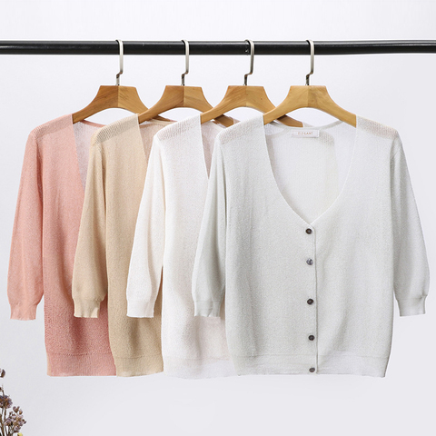 7 caramelo Color de punto Chaquetas de verano de las mujeres de manga tres cuartos básico Casual suéteres mujer corto de punto puente superior ► Foto 1/6