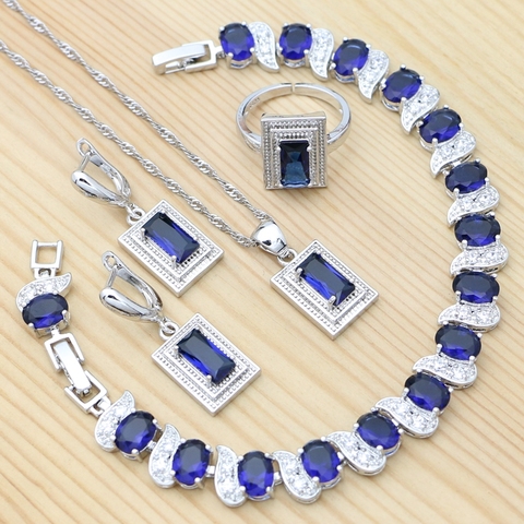 Conjunto de joyas de plata de ley 925 para mujer, pendientes cuadrados de circonia cúbica azul, cadena colgante, anillo abierto, pulsera para mujer, boda ► Foto 1/6