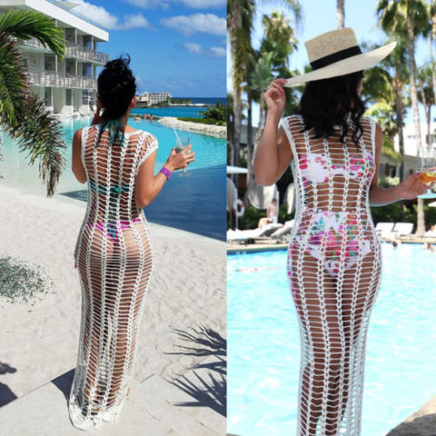 2022 verano playa vestido blanco de malla cubrir mujeres Crochet Bikini cubrir Ups traje de baño Beachdress ► Foto 1/5