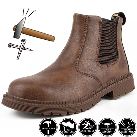 Botas de seguridad de cuero para hombre, zapatos de trabajo indestructibles, con punta de acero, estilo Chelsea, para invierno ► Foto 1/6