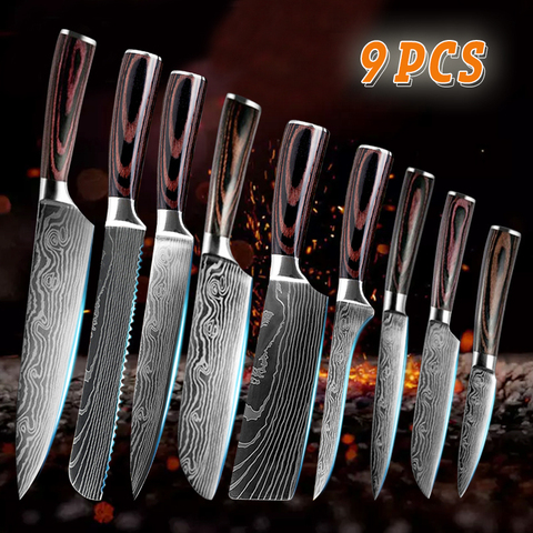 9 Uds. Juego de cuchillos de cocina, cuchillos de acero inoxidable con mango de madera, cuchillo de cocina Santoku para cortar carne de Chef ► Foto 1/6