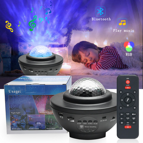 Proyector de cielo estrellado colorido con Bluetooth, reproductor de música con Control de voz, luz LED nocturna, lámpara LED de proyección romántica con Control remoto ► Foto 1/6