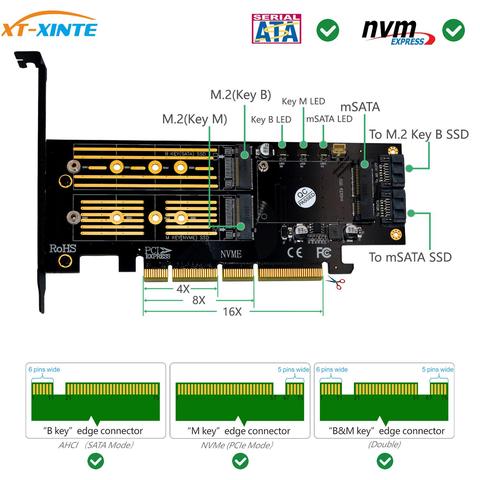 XT-XINTE Msata y M.2 3 en 1 para NVME, SATA SSD a PCI-E 4X PCIE 3,0 4,0 y SATA3, Adaptador convertidor, tarjeta elevadora, clave M ► Foto 1/6