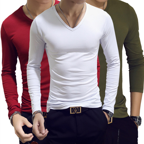 Camiseta de manga larga para hombre, camiseta informal de Color sólido con cuello de pico, Camiseta entallada ► Foto 1/6