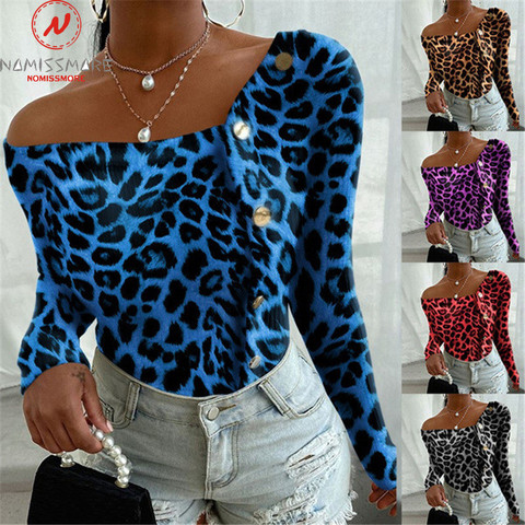 Camisetas sexys con estampado de leopardo para mujer, Top ajustado de manga larga asimétrico con diseño Irregular y botones de decoración para otoño ► Foto 1/6