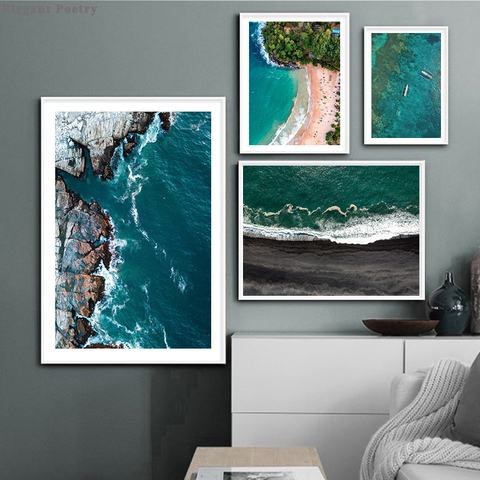 Imagen de la playa de la bahía con vista al paisaje, póster escandinavo, decoración nórdica, estampado de paisaje cuadro sobre lienzo para pared ► Foto 1/6