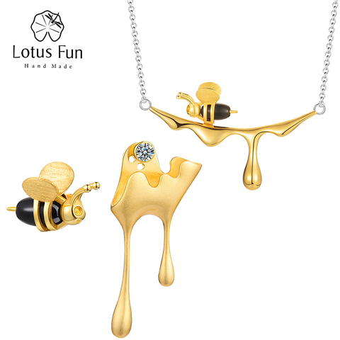 Lotus Fun-Conjunto collar y pendientes diseño abeja y miel para mujer, juego de colgantes y aretes, joyería, plata esterlina 925, primera ley, oro de 18 quilates, 18K, hecho a mano ► Foto 1/6