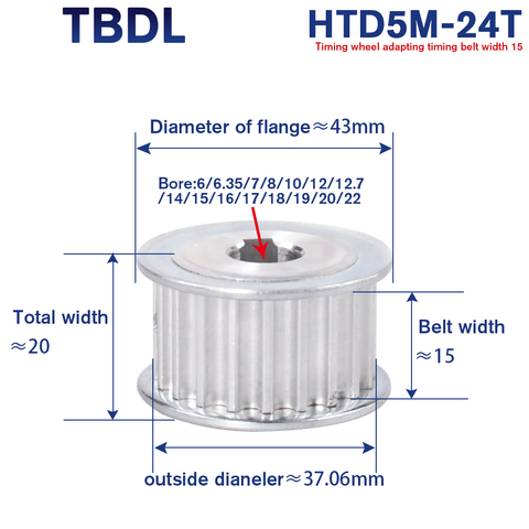 Polea síncrona de distribución HTD, 24 dientes, 5M, 6/7/8/10/12/14/15/16/17/19/20/22mm de ancho, 15mm, 5mm de paso, HTD5M 24 T AF de aluminio ► Foto 1/6