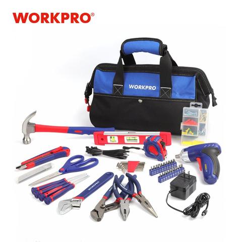 WORKPRO-Kit de herramientas para el hogar, juego de Herramientas de reparación con destornillador recargable de 3,6 V y bolsa de herramientas de mano de 125 piezas ► Foto 1/6