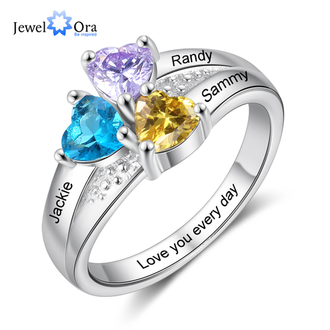 JewelOra personalizado de color plata grabado nombre anillos de cobre para las mujeres personalizado 3 corazón piedras regalo de anillo de boda para mamá ► Foto 1/6