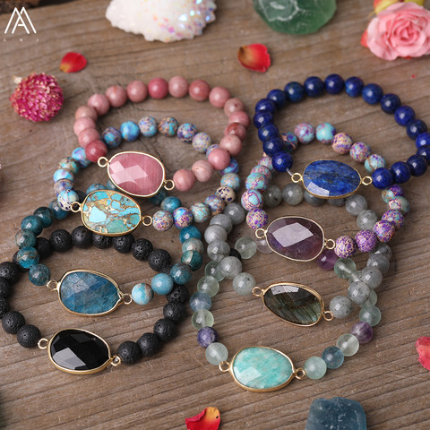 Amatista Natural cuarzo negro ágatas losa Charms conector sedimentos marinos jaspes cuentas redondas pulsera elástica trenzada, joyería ► Foto 1/6