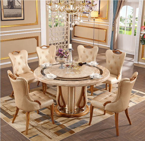 Mesa redonda de mármol europeo para villa, mesa y silla con combinación de comedor para el hogar, restaurante, lujoso din, color amarillo claro europeo ► Foto 1/4