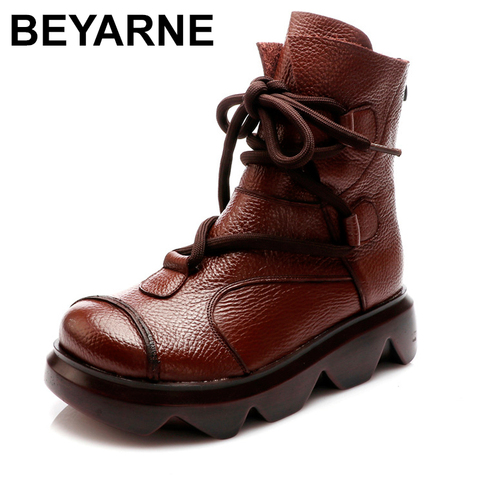 Beyarne-Botas de piel de vaca para mujer, zapatos informales de primera capa xifairy g, botas de vaquero de cuero genuino de alta calidad, plataforma con cordones de punta redonda ► Foto 1/6