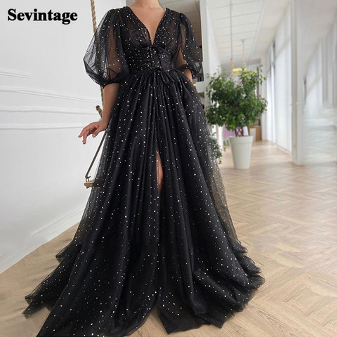 Sevintage-vestidos negros de tul estrellado para baile de graduación, vestidos de media manga abombada para fiesta de boda, plisados, tren de barrido dividido, vestidos largos de baile, cinturón ► Foto 1/5