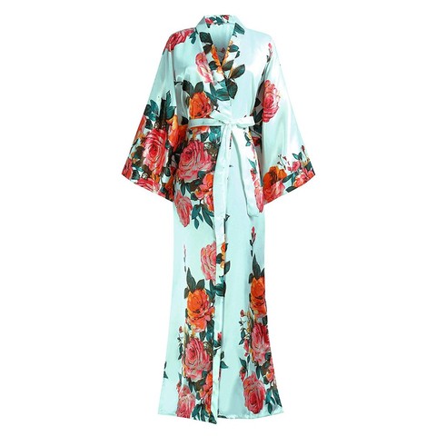 Elegante longitud del tobillo para mujeres Kimono vestido de novia cómodo suave satén ropa de dormir Homewear impresión flor camisón de talla grande 5XL ► Foto 1/6