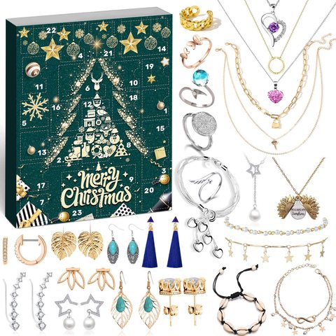 Joyería Calendario de Adviento 2022 para mujeres niñas, 24 sorpresas con collar pendientes anillos pulseras tobillera joyería Calendario para ► Foto 1/6