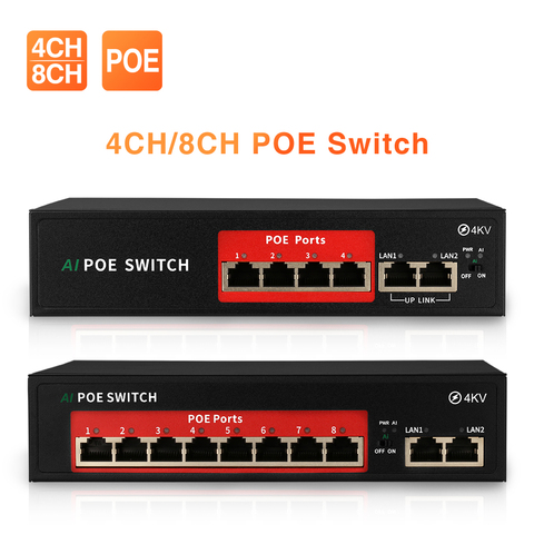 Techage-conmutador POE de red para cámara IP Ethernet, 4 canales, 8 canales, 52V, sistema de cámara AP y CCTV inalámbrico, con 10/100Mbps, IEEE 802,3 af ► Foto 1/6