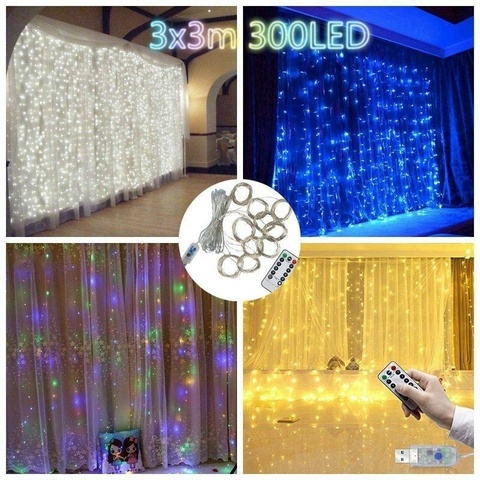 Guirnalda de guirnalda de luces LED de 3 M X 3 M, lámpara de cortina con Control remoto, cadena de luces USB, decoración navideña para el hogar, dormitorio y ventana ► Foto 1/6