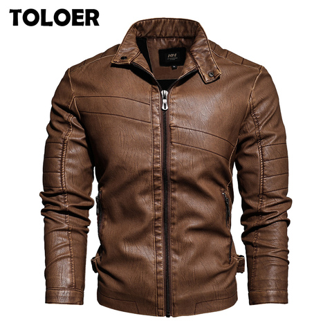 Chaqueta de cuero Vintage para hombre, chaqueta de cuero estilo militar con cuello levantado ► Foto 1/6