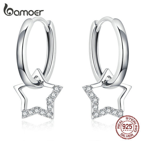 Bamoer-joyería de boda pendientes transparentes CZ con abalorio de estrella para mujer, joyería fina de Plata de Ley 925 auténtica, BSE276 ► Foto 1/6