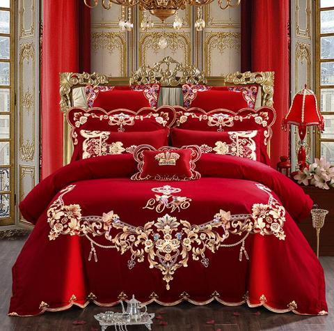 Juego de fundas de edredón estilo chino bordado de boda, juego de sábanas de algodón sólido, juego de cama de princesa, funda de cama romántica de lujo, Color Rojo ► Foto 1/6