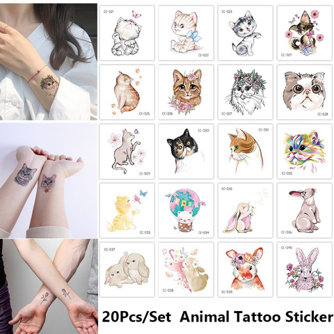 20 unids/set animales gato etiqueta engomada del tatuaje temporal acuarela tatuajes arte corporal para mujer niñas niño mano de transferencia de agua del tatuaje falso ► Foto 1/6