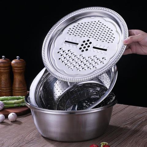 Juego de 3 ralladores de cocina multifuncionales, cuenco de drenaje de acero inoxidable para verduras, frutas y ensalada ► Foto 1/6