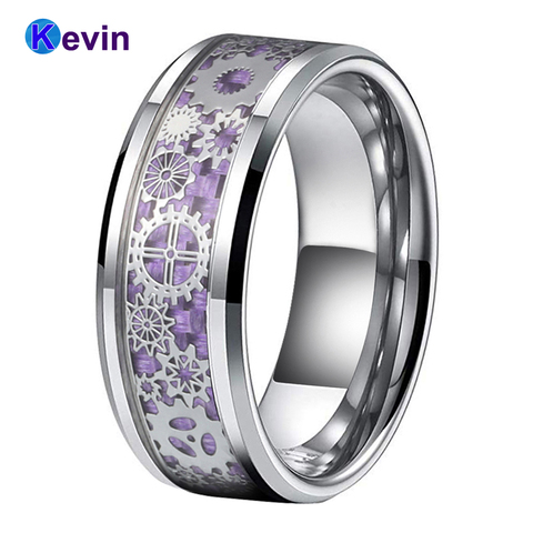 Anillo de boda de tungsteno para hombre y mujer, rueda de engranaje mecánico de 8MM, bordes biselados incrustados de fibra de carbono púrpura, ajuste cómodo ► Foto 1/6