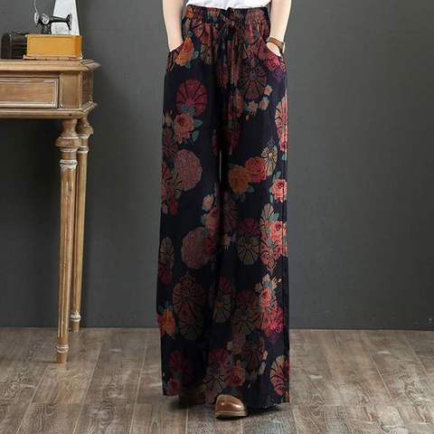 Bohemio Floral pantalones ZANZEA las mujeres pantalones de pierna ancha cintura elástica larga Pantalon nabo Palazzo Streetwear de talla grande ► Foto 1/6