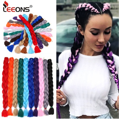 Leeons-pelo trenzado largo de ganchillo, 165g, cabello sintético Jumbo de compresión, Color puro, azul, púrpura, rosa, gris, para trenzas ► Foto 1/6